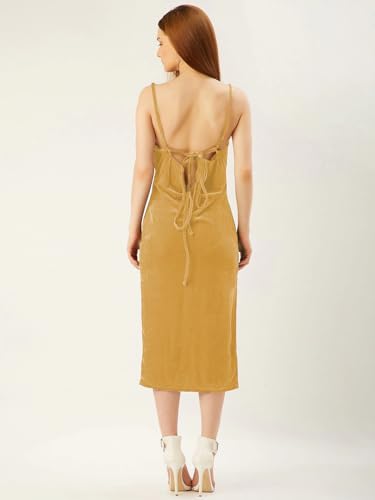 Image of Anvi Be Yourself Women's Solid Shoulder Strap Sleeveless Velvet Midi Bodycon Dress || Trendy Womens Cowl Neck Strappy Sheath Casual Dress with Side Slit || Western Plain One Piece Dress for Women