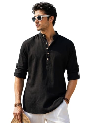 Image of Majestic Man Men's Pure Cotton Solid Mandarin Collar Slim Fit Roll-Up Sleeves Short Kurta Lightweight Summer Kurta for Daily & Occasion Use
