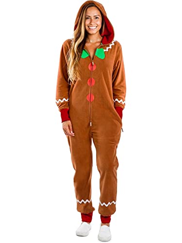 ensswliz Adults Kids Gingerbread Man Costume Christmas Halloween Gingerbread One Piece Costume Cosplay Jumpsuit Outfits (Brown Women XXL)