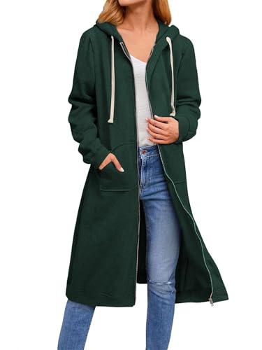 Womens Zip up Long Hoodie, Long Zip up Jacket Oversized Zip Sweatshirt, Womens Long Sweatshirt with Pockets (Green,2XL)