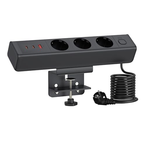 Tischsteckdose mit 65W USB C, Haiaoyyds Steckdosenleiste Schreibtisch mit 3 Steckdosen, 1,8M Kabel, Überlastschutz, Schreibtisch Steckdose für Zuhause & Büro, Schwarz