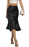 ALCEA ROSEA Women High Waist Satin Skirt Fishtail Silky Skirts Bodycon Stretchy Mermaid Pencil Midi Skirt (Satin Black,XL)