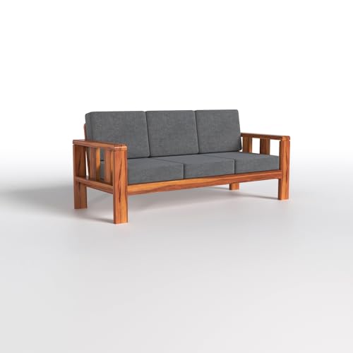 Image of Wooden Sofa Set for Living Room, Office | Solid Wood 5 Seater Sofa with Cushion, 3+1+1 Sofa Set in Natural Teak Finish