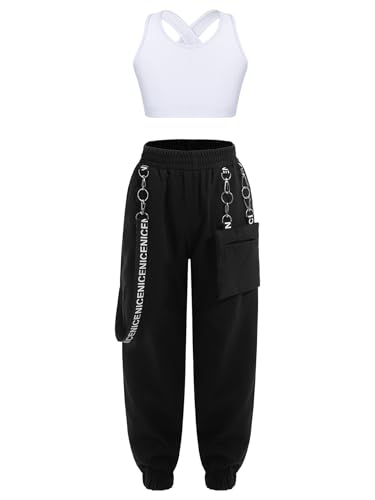 easyforever Girl Dance Clothing Set Cross Back Sleeveless Tank Top And Sweatpants Workout Jogger Tracksuit Hip Hop Dancewear White 12 Years