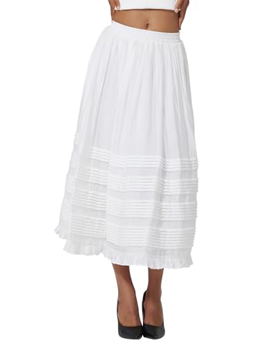 BEAUZSUZSANA Women White Maxi Boho Skirt with Pockets Elastic Waist