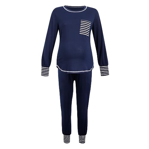 TDEOK Conjunto de pijama de lactancia maternidad, camiseta de manga larga con cuello redondo y pantalones a rayas, conjunto de ropa de dormir para lactancia, camiseta de punto para mujer, marine, L