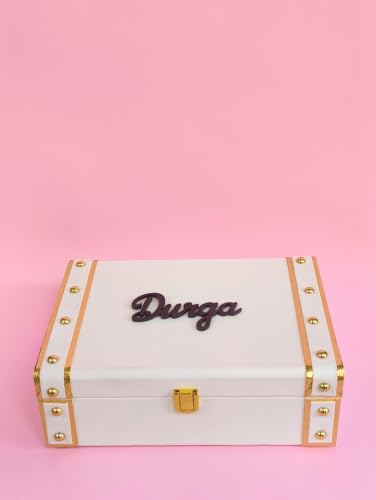 Image of Personalized Leather Keepsake Box with Pink Finish | Acrylic Gold Name | Premium MDF Wood Memory Chest | Size: 10 * 7 * 3.5inch (White)