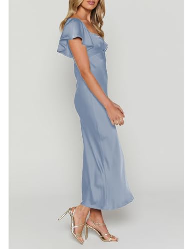 Image of Summer Satin Flutter Sleeve Wedding Guest Dresses for Women Sweetheart Neckline Cutout Tie Back Midi Cocktail Dress