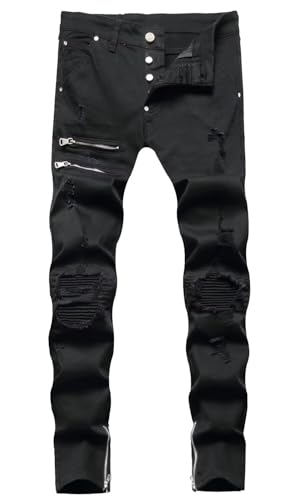Image of HENGAO Mens Ripped Jeans Stretch Skinny Jeans with Zipper Size 28-48