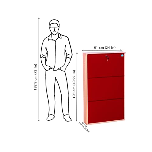 Image of Delite Kom 24 Inch Wide, 3 Shelf Metal Shoe Rack Wall Mounted for Home with Central Lock Holds Upto 9 Shoes or 15 Slippers Pair | 1 Year Warranty | (41 x 24 x 5 Inch, Ivory Brick Red) DIY Space Saving