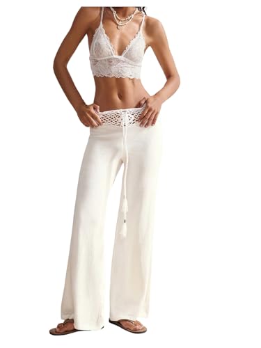 SOLY HUX Women's Knit Pants Crochet Hollow Out Low Rise Drawstring Elastic Waist Casual Vacation Long Trousers