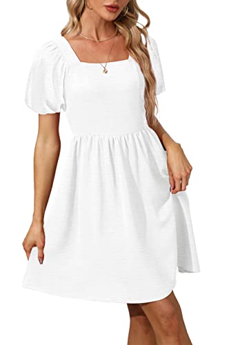 Ofeefan Women‘s Casual Dresses White Summer Puff Sleeve Square Neck A-Line Mini Dress With Zipper M #TOP2