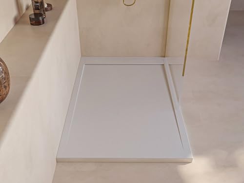 SOULBATH Plato de Ducha - Resina - Gel Coat - Textura Liso/Piedra - Antideslizante - Color Blanco Roto - 90x80- Extraplano 3cm. Incluye Válvula de desagüe - Diseño Minimalista