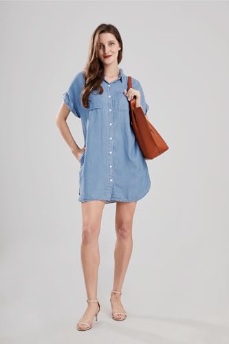 yoeasy Women's Short Sleeve Denim Shirt Mini Dress Button Down Tunic Jean Dress with Pockets2