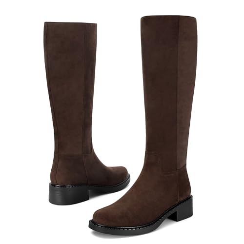 Image of Dsevht Black Knee High Boots for Women Faux Leather Elastic Low Heel Round Square Toe Side Zipper Fall Long Tall Boot