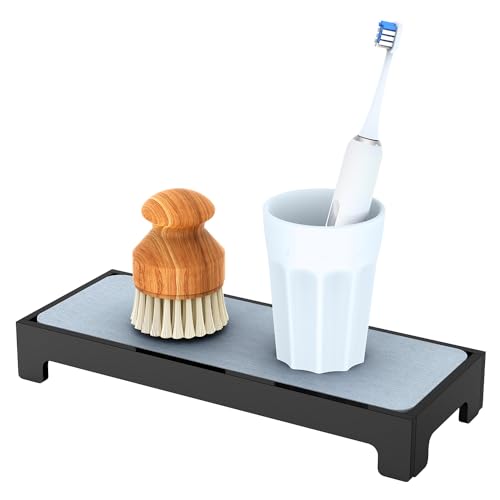 Sink Caddy, EnjoyNest Instant Dry Sink Organizer Sponge Soap Holder for Kitchen Sink Bathroom Countertop Fast Drying Rack Counter Tray Water Absorbing Stone Pedestal Stand Riser for Bottle Brush-Black
