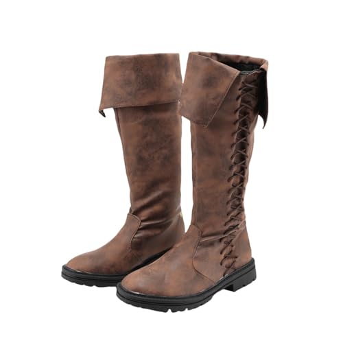 UPUPCOS Mens Medieval Knight Viking Tall Brown Boots with Lace-Up for Cosplay and Historical Events
