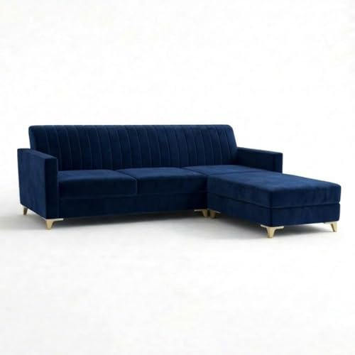 Image of CASASTYLE Groovy 4 Seater L Shape Sofa Set with Movable Ottoman | Flexible Left or Right Layout | Cozy Velvet Fabric | Soft Touch Seating | Modern Designer Sofa for Living Room (Dark Blue)