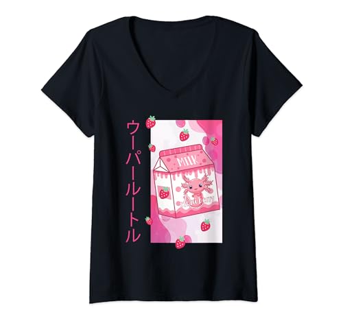 Kawaii Axolotl Strawberry Milk Regalo para amantes del anime Camiseta Cuello V