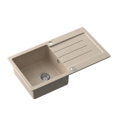 myQ Lavello in granito | dimensioni: 77 x 44 x 18,5 cm, colore: beige | PARIS 11 Lavello da cucina Lavello a una vasca con scolapiatti e sifone manuale | per mobili da 50 cm