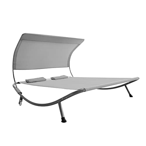 Funny Sunny Outdoor Double Chaise Lounge Bed With Canopy & Headrest Pillow, Patio Portable Leisure Daybed Lounge With Portable Wheels For Deck, Indoor, Yard, Poolside, Sun Room (Grey) #TOP6