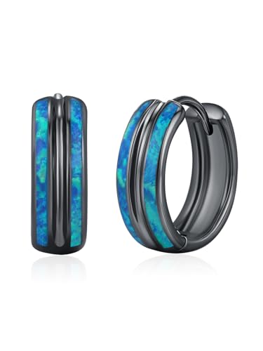 Blue Opal Earrings for Women Hypoallergenic 925 Sterling Silver Opal Huggie Earrings Black Earrings Jewelry Gifts for Men Sensitive Ears