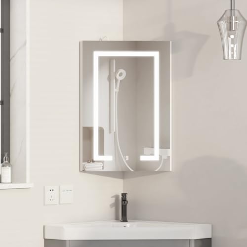 Mepplzian Corner Medicine Cabinet with Mirror,Lighted Medicine Cabinet with 2 Storage Shelf...