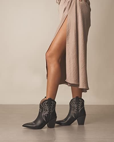Mi.iM Valeria Western Ankle Boots - Chunky Heel, Vegan Leather, Embroidered Star, Pull-On Style