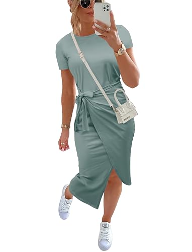 Image of NOLLSOM Women Casual Sleeveless Striped Tank Midi Dresses Halter Neck Ruched Bodycon Dresses Tie Waist T Shirt Summer Dress