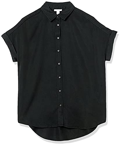 Daily Ritual Women's Tencel Oversized Short-Sleeve Button-Front Shirt, Black, Medium #TOP5