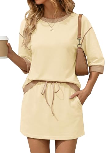 Image of Tankaneo Womens 2 Piece Skirt Sets 3 /4 Sleeve Sweatshirt Lounge Sets | Skort Sets, Color Block, Summer Casual, Matching Sets, Trendy Outfits