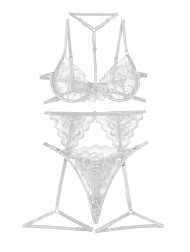 Image of Lilosy Sexy Choker Floral Lace Scallop Sheer Underwire Push Up Garter Belt Lingerie Set 3 Piece
