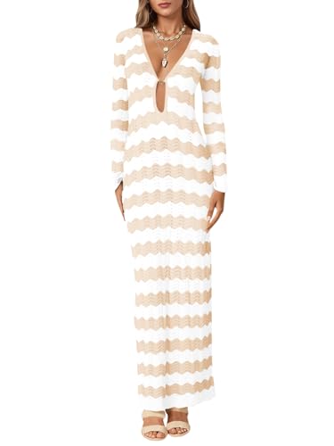 Saodimallsu Womens Crochet Summer Maxi Dress Striped Sexy Cut Out V Neck Long Sleeve Knit Cover Up Beach Dresses Beige