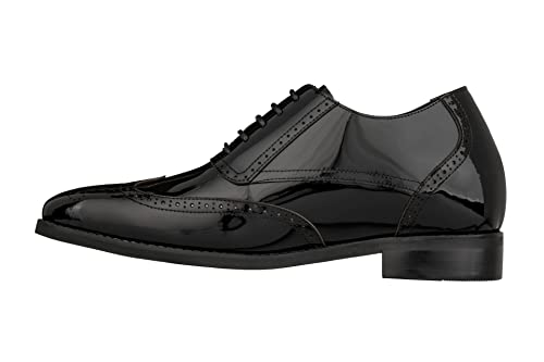 CALTO Men's Invisible Height Increasing Elevator Shoes - Black Patent Leather Lace-up Wing-tip Formal Oxfords - 3 Inches Taller - S1015 - Size 10 D(M) US3