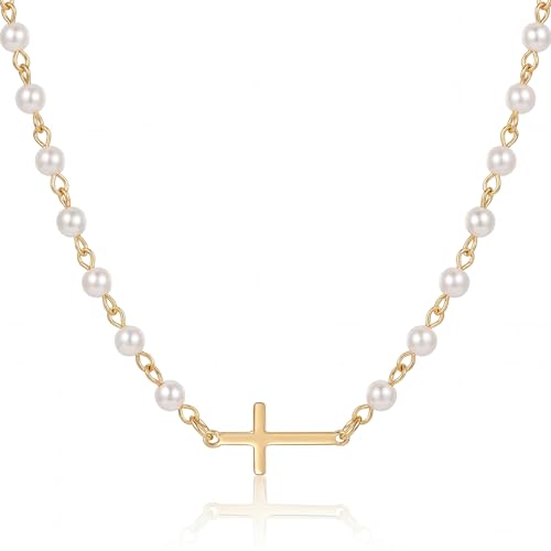 NORBU Cross Necklace for Women 925 Sterling Silver 18K Gold Plated Womens Cross Necklace Pearl Chain Sideways Cross Pendant Dainty Christian Jewelry Adjustable 16+2 Catholic Religious Gift for Her Gold C