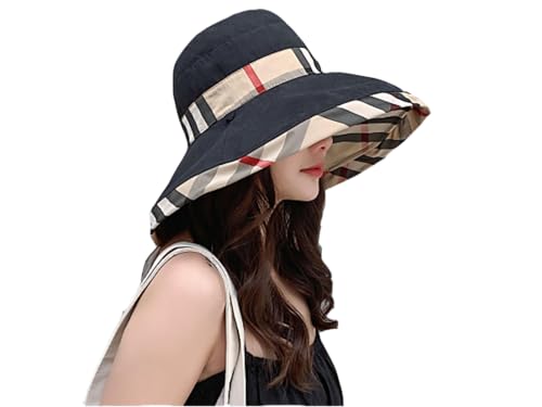 RUINUO Womens Plaid Bucket Hats Wide Brim Sun Hat Double Sided Windproof Summer Beach Hats for Fishing Hiking Travel Golf Beige