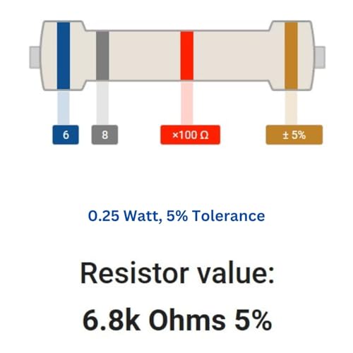 Image of 6.8k Ohm Resistor 1 /4W 5% Tolerance, Pack of 100 (6.8k Ohm)
