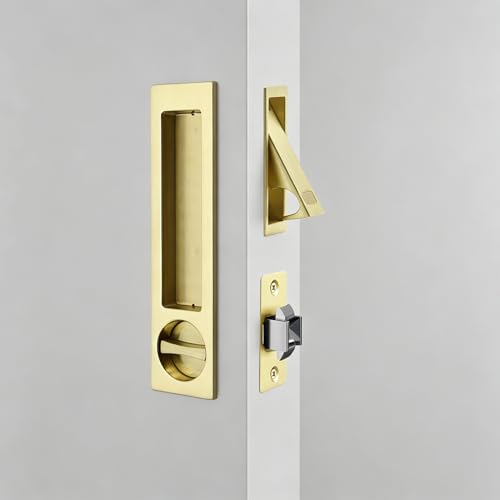 Manija de puerta corrediza Dontay Pocket Door, función de entrada con llave rectangular moderna, pestillo empotrado para puertas de 1 3/8” a 2 3/16” de grosor, acabado en latón satinado, paquete de 1 miniatura 1