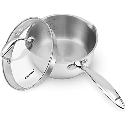 Rorence 3-Quart Saucepan with Lid: Pour and Strain Stainless Steel Sauce Pan with Pour Spouts, Capsule Bottom & Tempered Glass Lid Cover