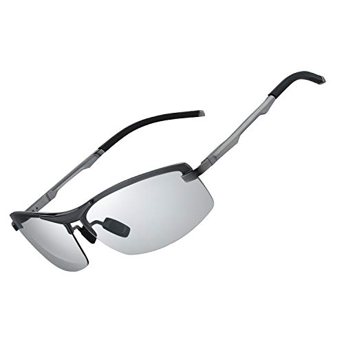 WHCREAT Hombres Gafas de Sol Polarizadas Fotocromáticas de Conducción Para Marco de Metal Ultra liviano Al-Mg con Bisagras de Resorte (Gris Fotocromático)