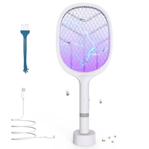 Raquette Electrique Insectes 4800V, Raquette Anti Moustique Électrique 2 en 1 avec Lumière UV, Rechargeable USB-C 2000mAh, Tapette Électrique Anti Mouches...
