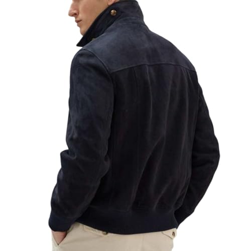 Mens Suede Leather Real Genuine Navy Blue Leather Jacket Zipper Biker Moto Slim Fit BM0112