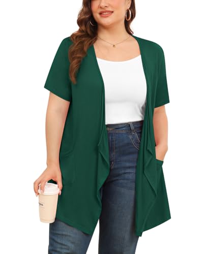Image of TIANZHU Sheer Cardigan Lightweight Open Drape Front Short Sleeve Dressy Cardigan Fall Sweater 3XL Dark Green