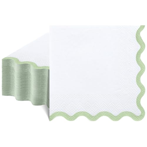 80 Pcs Sage Green and White Napkins 3 Ply Scalloped Napkins 5 x 5 Inch