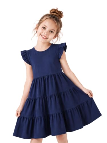 Image of HILEELANG Girls Cotton Tiered Dress Flutter Ruffle Sleeve Summer Swing Sundress Birthday Party Casual Outfit Colorblock 2-12Y