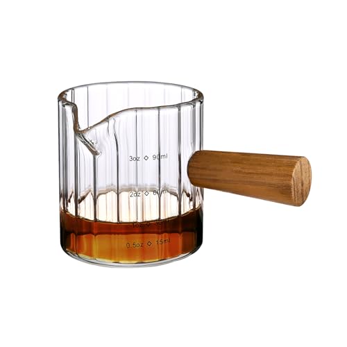Denovin Glass Measuring Cup, 3oz Espresso Shot Glass with Wood Handle, Single Spout Clear Measuring Cups Pitcher Milk Cup Coffee Shot Glasses (Transparent Ribbed)