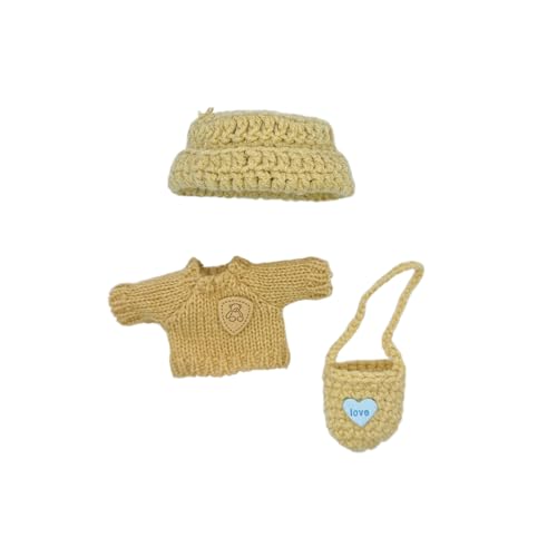 3Pcs Handcrafted Crochet Doll Clothes for labubu - Compatible with 6.7inch 17cm Dolls Only, Premium Dolls Outfit with Accessories, Hand Crocheted Hat, Sweaters, Bag (Khaki Sweater Set) — view 3