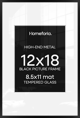 Homeforia 12x18 Picture Frame Black, High End Metal 12x18 Poster Frames with Mat 8.5x11 Photo, 12 x 18 Black Frames Matted to 8.5 by 11 inch Print, 18x12 Thin Frame, Tempered Glass, Wall Kit, Set of 1