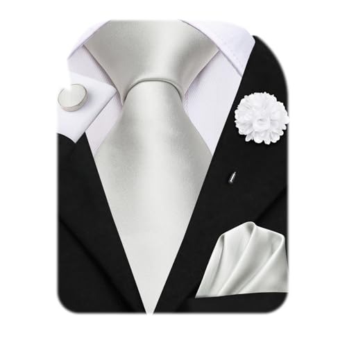 Image of Hi-Tie Men Silk Ties Set with Flower Lapel Pin Necktie Pocket Square Cufflinks for Tuxedo Wedding Business