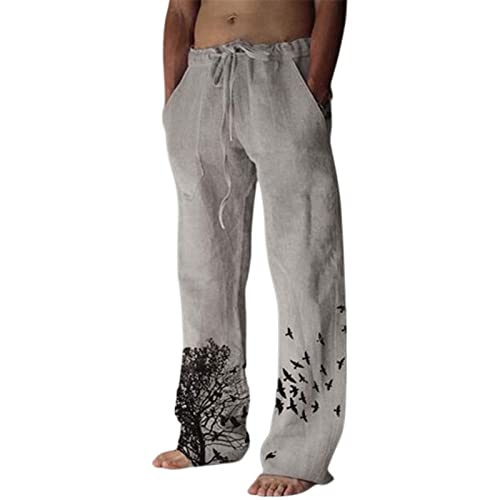 Mens Casual Cotton Linen Pants Print Wide Leg Elastic Waist Sweatpants Drawstring Soft Athletic Lounge Trousers